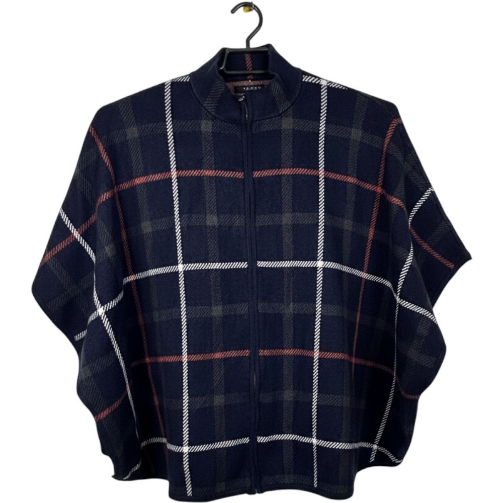 Tahari Poncho Sweater Womens L XL Navy Blue Plaid Mock Neck Zip Up Cape Wrap